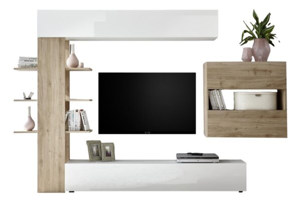 Tv-wandmeubel Morgan 295 cm breed in hoogglans wit met cadiz eiken