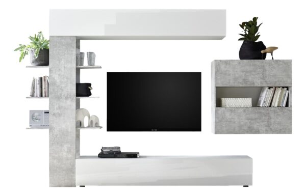 Tv-wandmeubel Morgan 295 cm breed in hoogglans wit met grijs beton