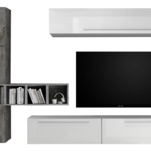 TV-wandmeubel set Bonbon in hoogglans wit en Oxid met grijs beton
