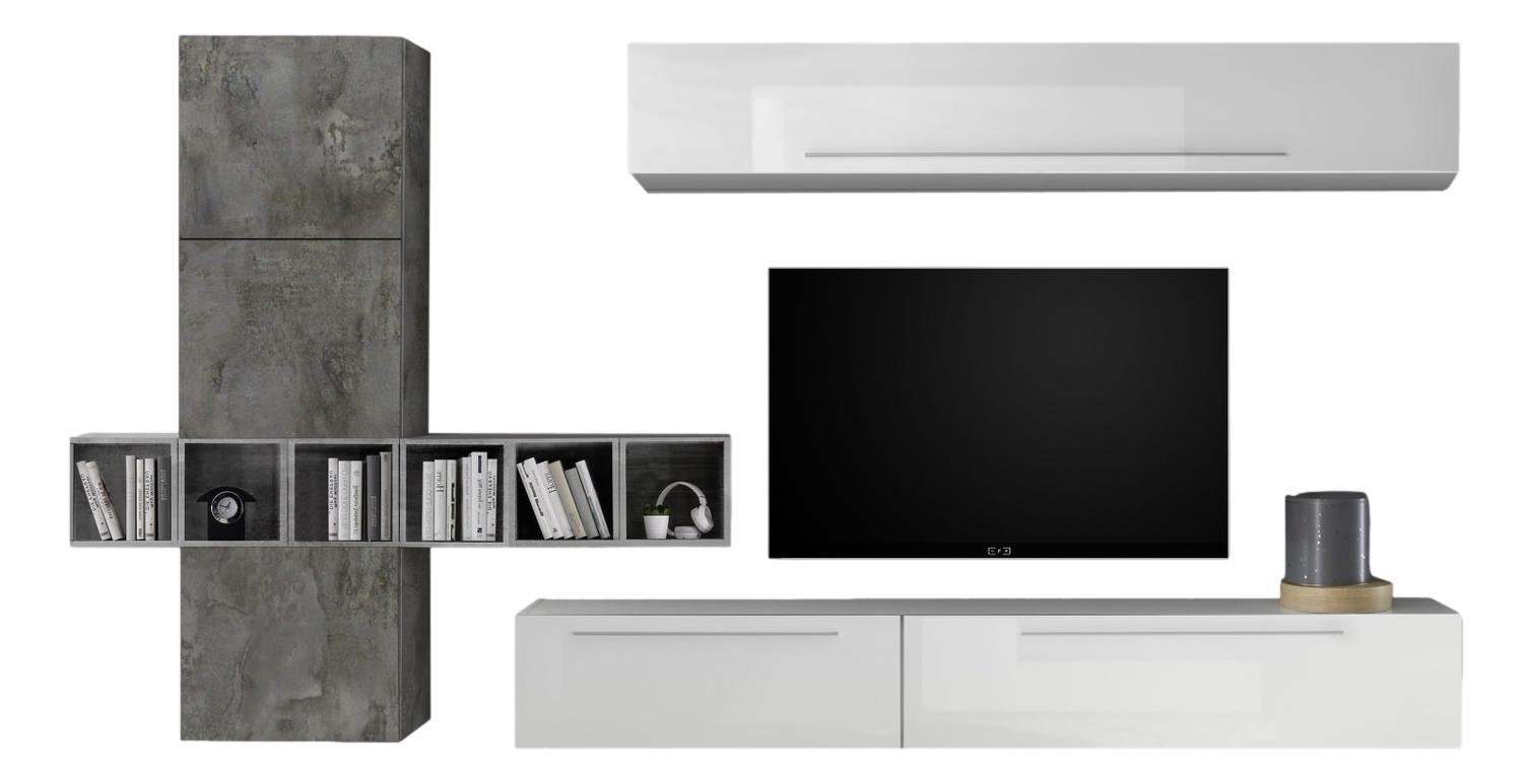 TV-wandmeubel set Bonbon in hoogglans wit en Oxid met grijs beton