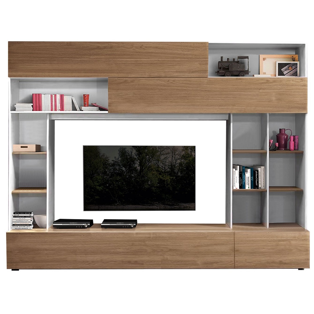 Tv-wandmeubel Tiko 277 cm breed in wit met stelvio walnoot