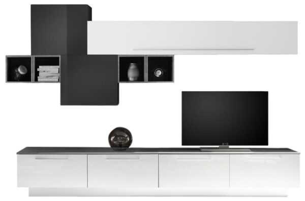 TV-wandmeubel set Matiz in hoogglans wit en oxid met grijs beton