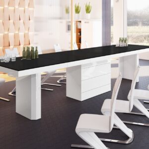Uitschuifbare eettafel Kolos 140 tot 332 cm breed in mat zwart met wit