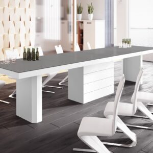 Uitschuifbare eettafel Kolos 160 tot 412 cm breed in mat grijs met wit
