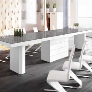 Uitschuifbare eettafel Kolos 160 tot 412 cm breed in hoogglans grijs met wit
