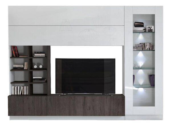 Tv-wandmeubel Line 280 cm breed in hoogglans wit met wenge eiken