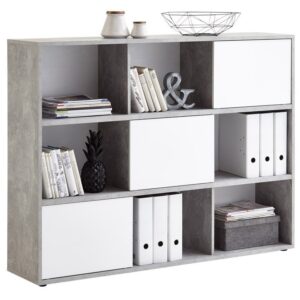 Boekenkast Ruta 145 cm breed grijs beton met hoogglans wit