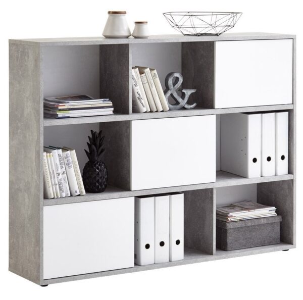 Boekenkast Ruta 145 cm breed grijs beton met hoogglans wit