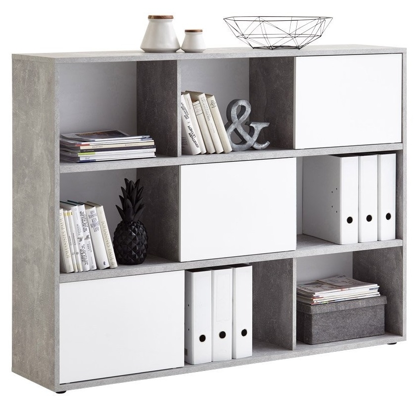 Boekenkast Ruta 145 cm breed grijs beton met hoogglans wit