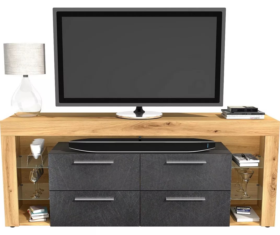 Tv-meubel Raymond met 4 lade 180 cm breed antraciet met eiken
