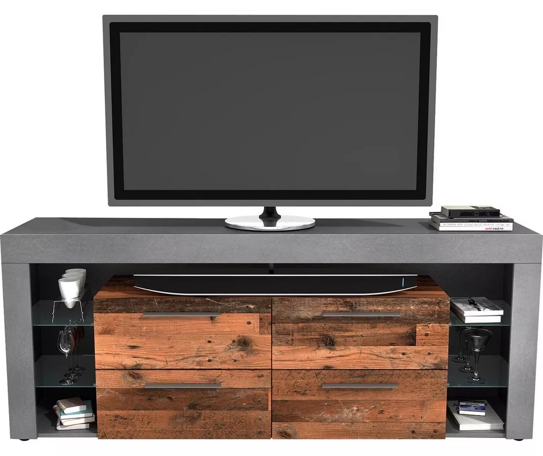 Tv-meubel Raymond met 4 lade 180 cm breed antraciet met oud eiken