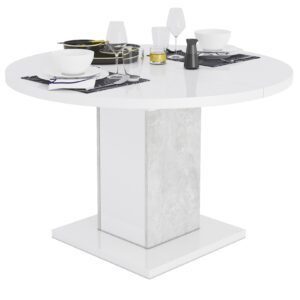 Uitschuifbare ronde eettafel Goya 120 tot 165 cm hoogglans wit met grijs