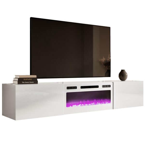 Zwevend Tv-meubel Slide 200 cm breed hoogglans wit met wit sfeerhaard