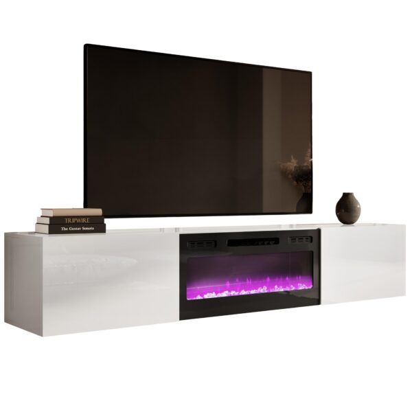 Zwevend Tv-meubel Slide 200 cm breed hoogglans wit met zwart sfeerhaard