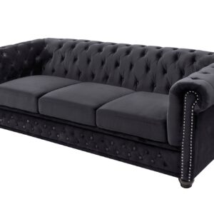 Bank CHESTERFIELD 205 cm, binnenvering, 3-zits, fluweel, zwart - 47033