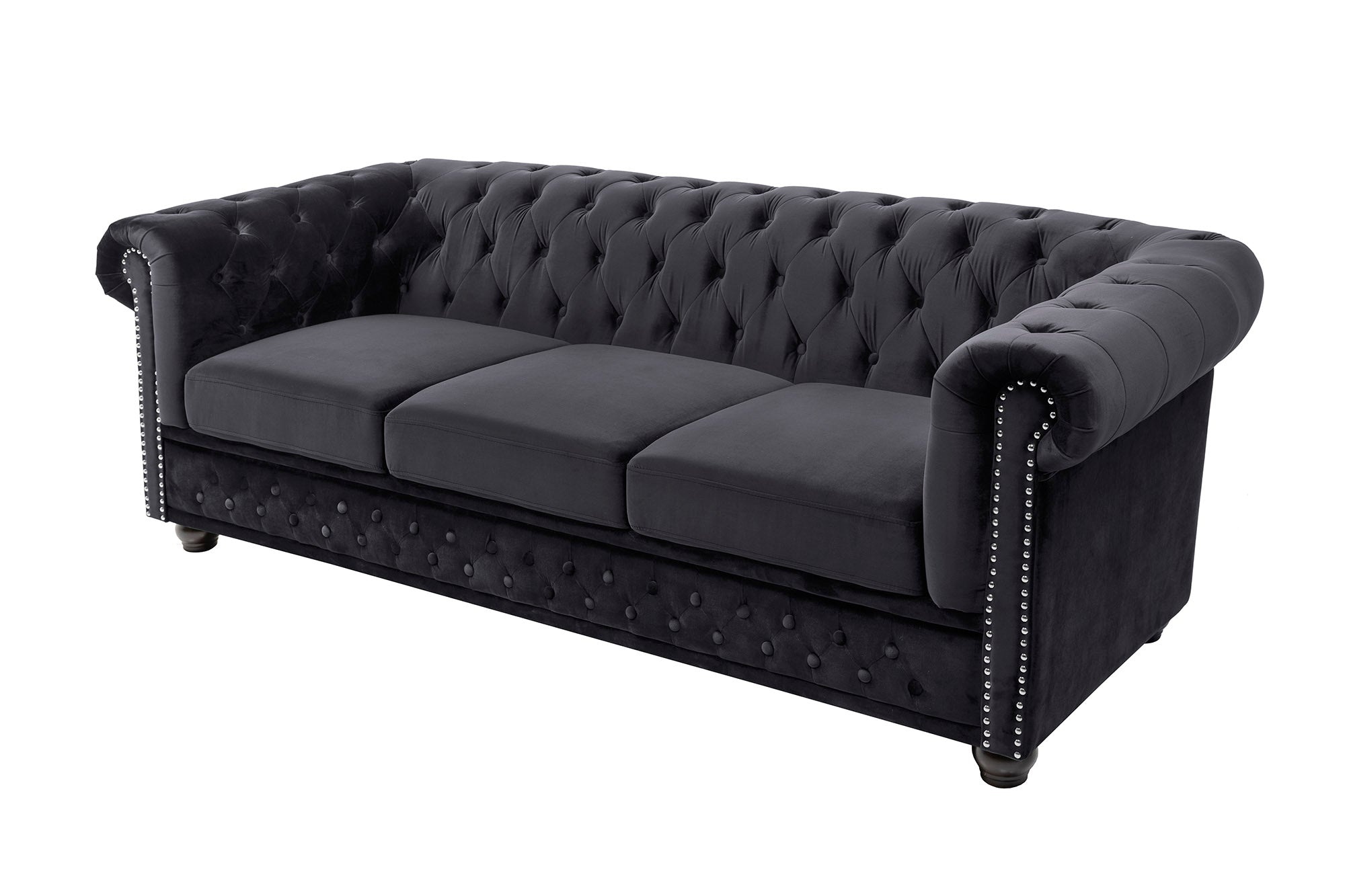 Bank CHESTERFIELD 205 cm, binnenvering, 3-zits, fluweel, zwart - 47033