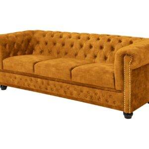 Bank CHESTERFIELD 205 cm met binnenvering, 3-zits, fluweel, mosterdgeel - 47032