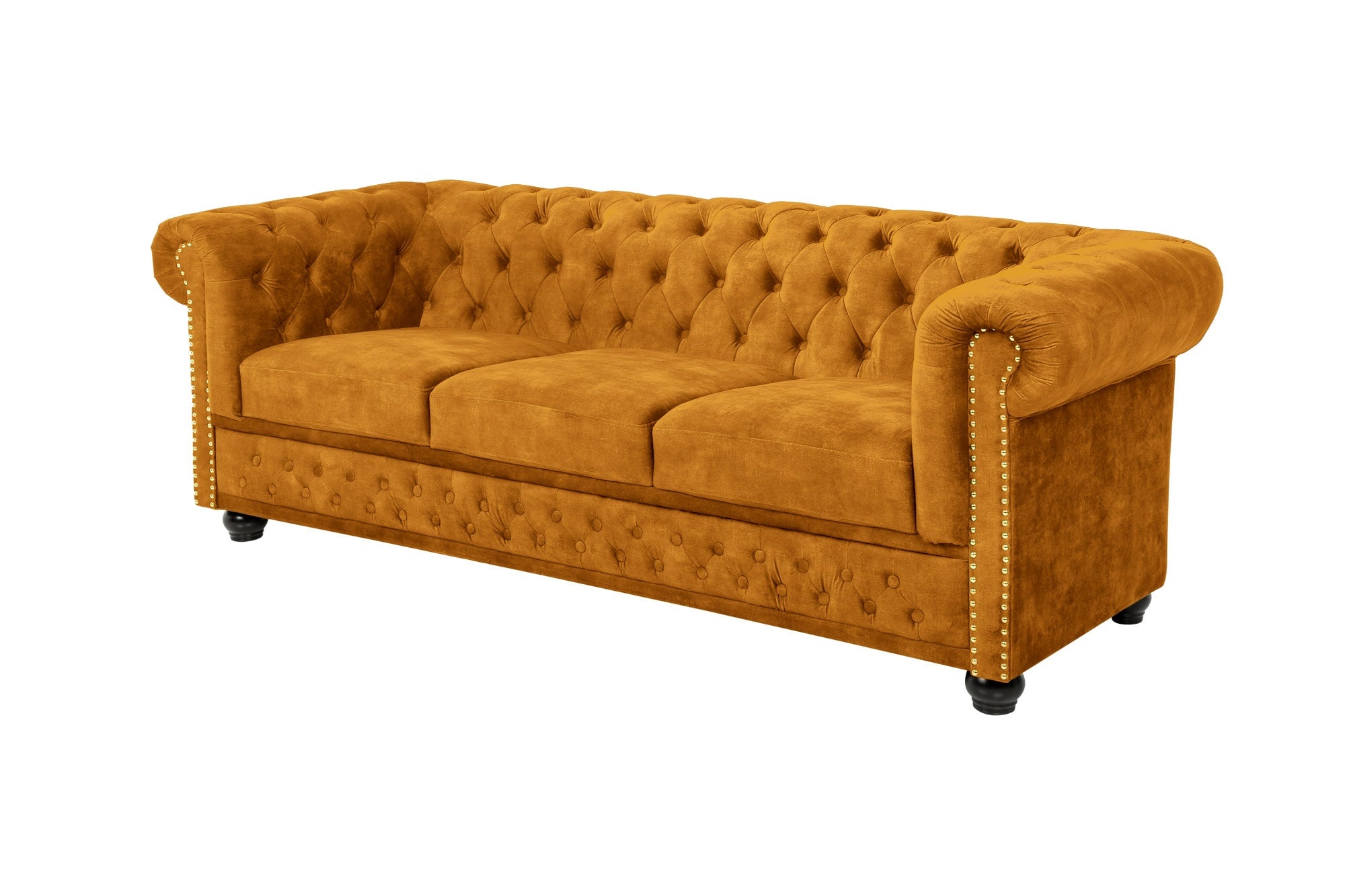 Bank CHESTERFIELD 205 cm met binnenvering, 3-zits, fluweel, mosterdgeel - 47032