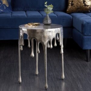 Extravagante bijzettafel LIQUID LINE 50cm zilver traandesign metaal aluminium rond - 39883