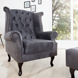 Chesterfield vleugelfauteuil antiekgrijs met knoopstiksel en veerkern - 37473