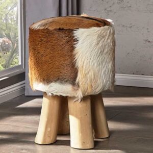 Design kruk HIDE 45cm bruin wit met geitenleer en teak - 35441