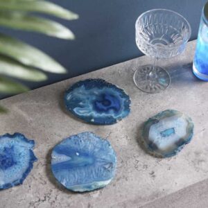 Set van 4 onderzetters voor glazen COASTER 10cm blauwe edelsteen agaatkwarts handgemaakt - 41556
