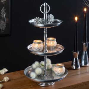 Design taartplateau ORIENT 47cm zilver in wildhammerafwerking met drie niveaus - 41534