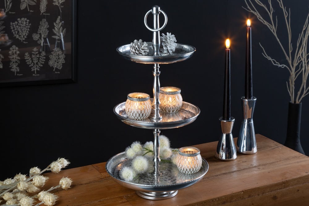 Design taartplateau ORIENT 47cm zilver in wildhammerafwerking met drie niveaus - 41534