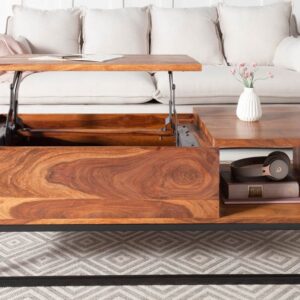 In hoogte verstelbare salontafel MAKASSAR FUNCTION 110cm massief sheeshamhout met opbergruimte metaal - 40299