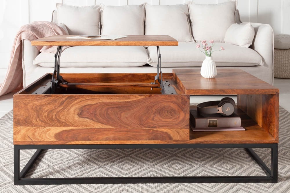 In hoogte verstelbare salontafel MAKASSAR FUNCTION 110cm massief sheeshamhout met opbergruimte metaal - 40299