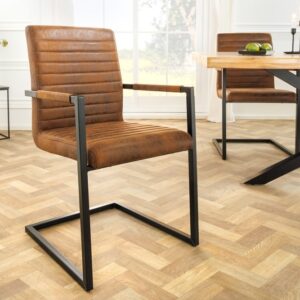 industrieele sledestoel LOFT vintage bruine armleuningen ijzeren frame eetkamerstoel - 37081