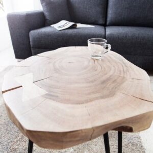 Massief houten bijzettafel GOA 40cm acaciaboomstam boomschijf metalen poten haarspeldpoten - 36707
