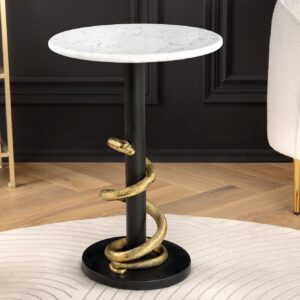 Ronde bijzettafel WILDLIFE SNAKE 55cm Wit Marmer Goud Zwart Slang Sculptuur - 44831