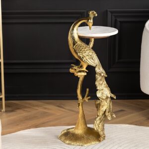 Ronde bijzettafel WILDLIFE PEACOCK 75cm Goud Antiek Wit Metaal Marmeren Pauw Sculptuur - 44828