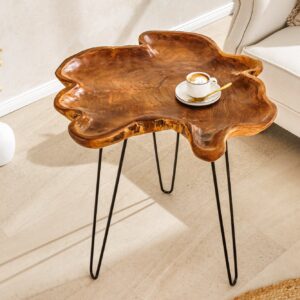 Unieke bijzettafel WILD 65cm natuurlijke teakhouten haarspeldpoten salontafel - 44708
