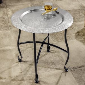 Ronde Bijzettafel MARRAKECH 40cm Zilveren Theetafel Uitneembaar Dienblad Opvouwbaar - 44354