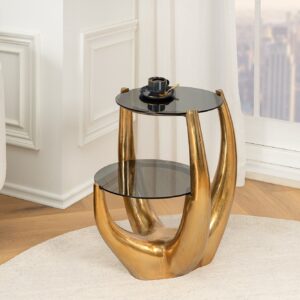 Handgemaakte bijzettafel LEVELS 50cm goud antiek zwart glas zwart metaal - 44858
