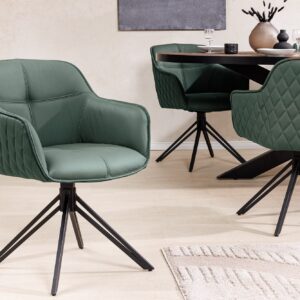 Draaibare Design Stoel EUPHORIA Groen Echt Leer Zwart Metalen Frame met Armleuning - 45863