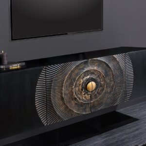 Hangend dressoir GOLDEN SUNSET 180cm zwart met 3D houtsnijwerk goud massief mango hout handgemaakt - 44525