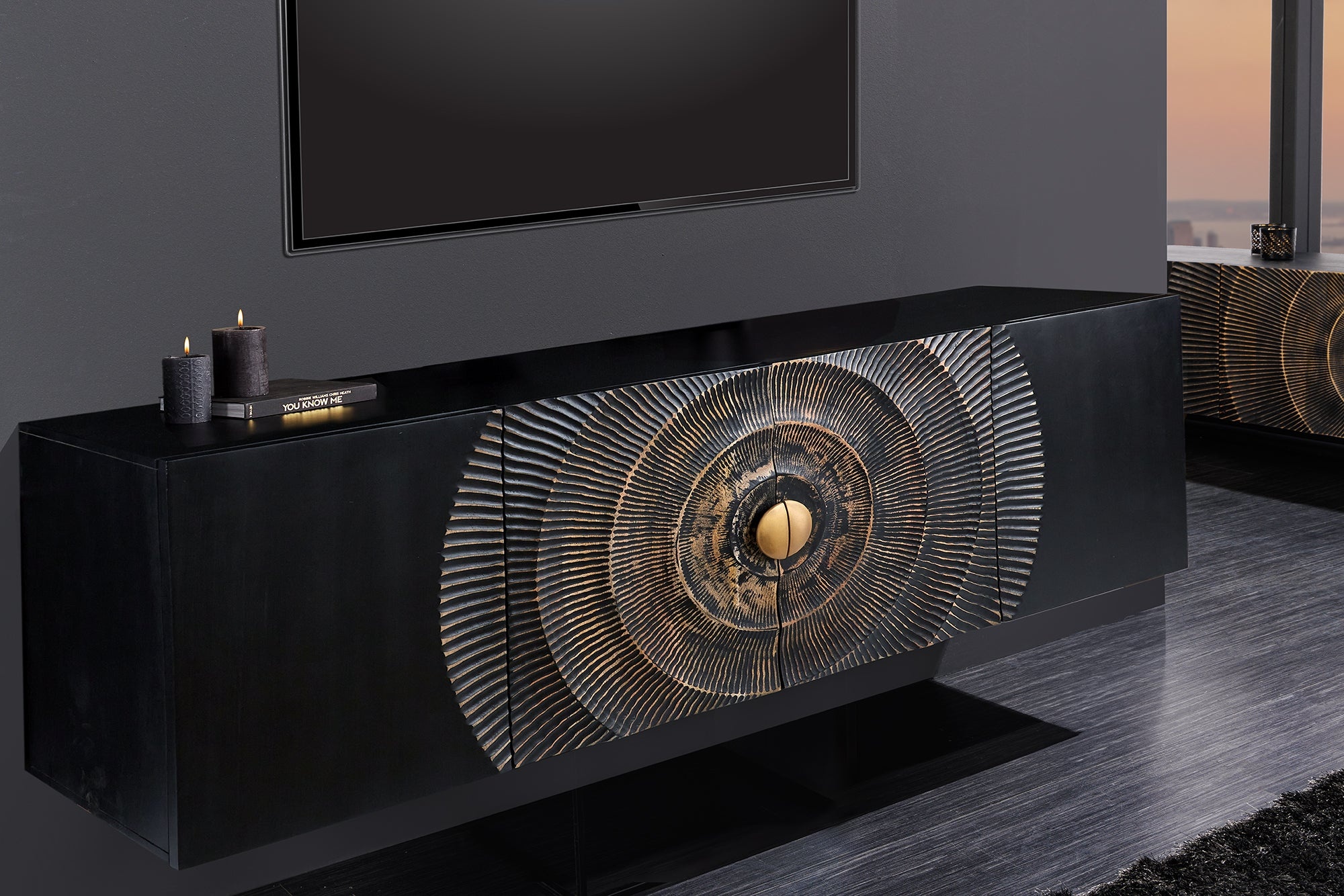 Hangend dressoir GOLDEN SUNSET 180cm zwart met 3D houtsnijwerk goud massief mango hout handgemaakt - 44525