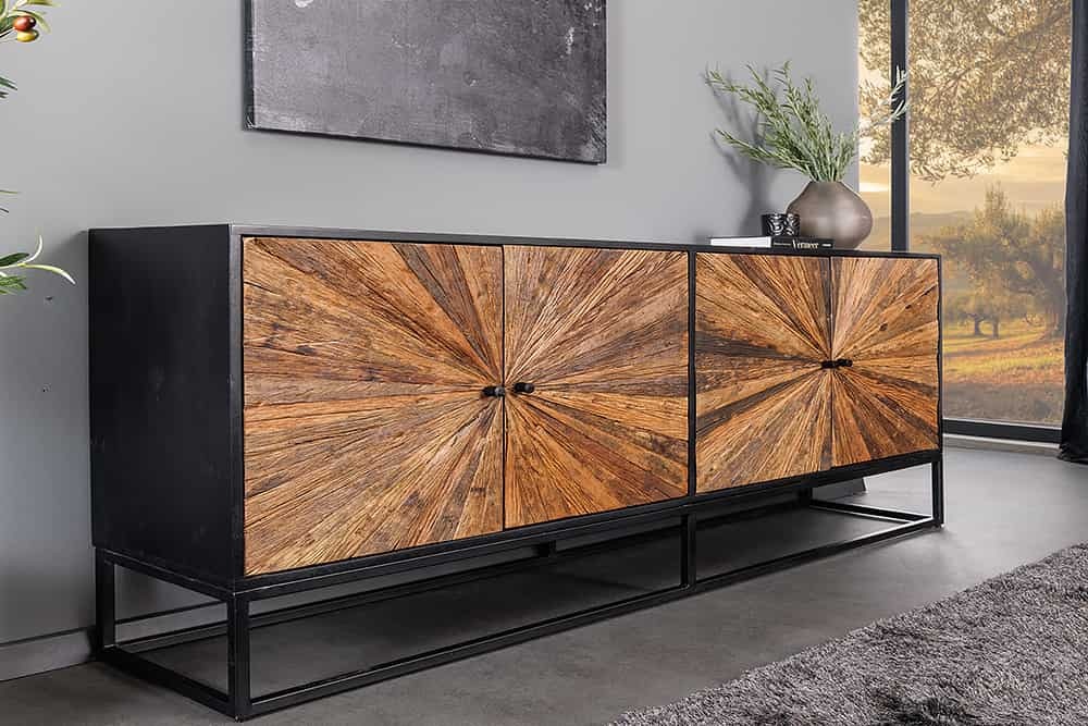 Massief dressoir BARRACUDA 180cm bruin mangohout met teakhouten front zwart metaal - 44987
