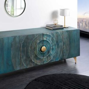 Handgemaakt dressoir GOLDEN SUNSET 180cm turquoise goud mangohout metalen poten - 45643