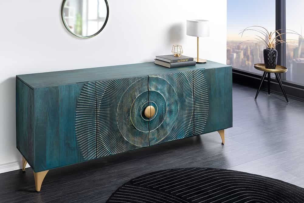 Handgemaakt dressoir GOLDEN SUNSET 180cm turquoise goud mangohout metalen poten - 45643