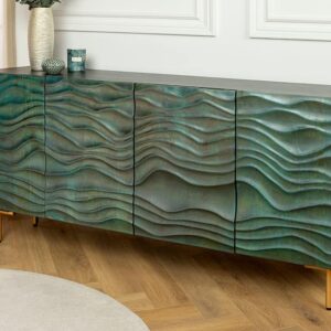 Design Dressoir WAVE 160cm turquoise mangohout massief hout mat goud metalen poten - 45635