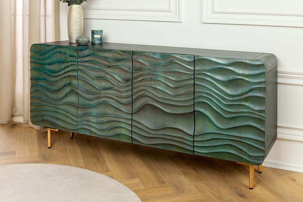 Design Dressoir WAVE 160cm turquoise mangohout massief hout mat goud metalen poten - 45635