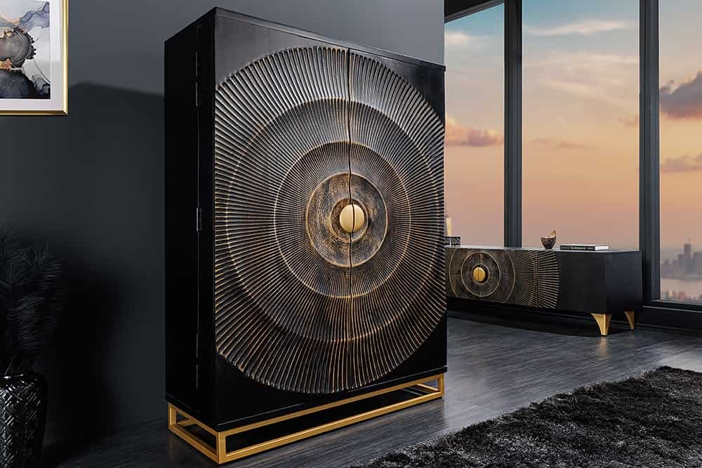 Handgemaakte barkast GOLDEN SUNSET 140cm zwartgoud massief mangohout - 44252