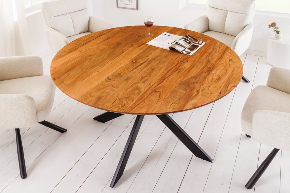 Massief houten eettafel GALAXIE 130 cm rond acacia naturel zwart metalen frame - 42373