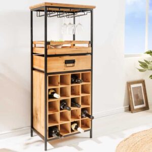 Massief houten wijnrek SEVENS SEAS 120 cm natuurlijk grenenhout zwart metalen flessenrek - 43921