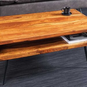 Massief houten salontafel ALPHA 90 cm bruin sheesham stenen afwerking metalen poten met opbergruimte - 43749