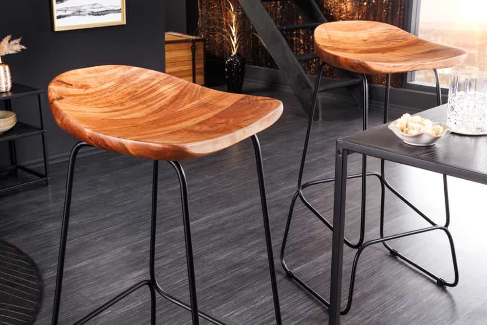 Massief houten barkruk MAMMUT naturel acacia zwart metalen frame met voetsteun - 43671